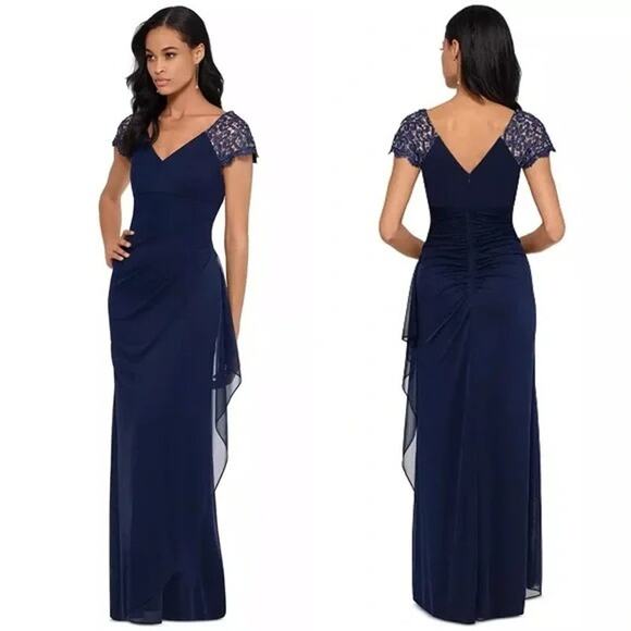 X BY XSCAPE Lace-Sleeve Chiffon Gown Navy Blue Size 16 NEW with tags! NWT - Picture 1 of 11